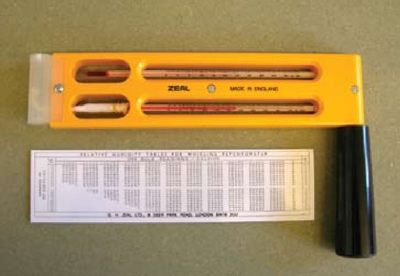 Sling psychrometer with wet-bulb and dry-bulb thermometers